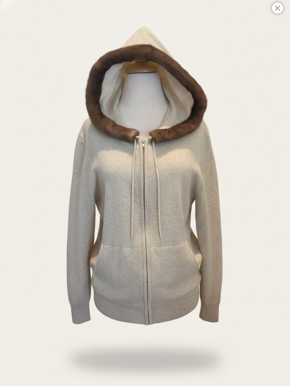 TSE Cashmere Cream Hooded Zip Cardigan Sweater with Brown Fur Trim